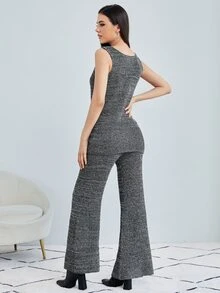 SHEIN Áo len nữ kết hợp Gân đan màu trơn Giải trí - Màu xám đen - Xem 3