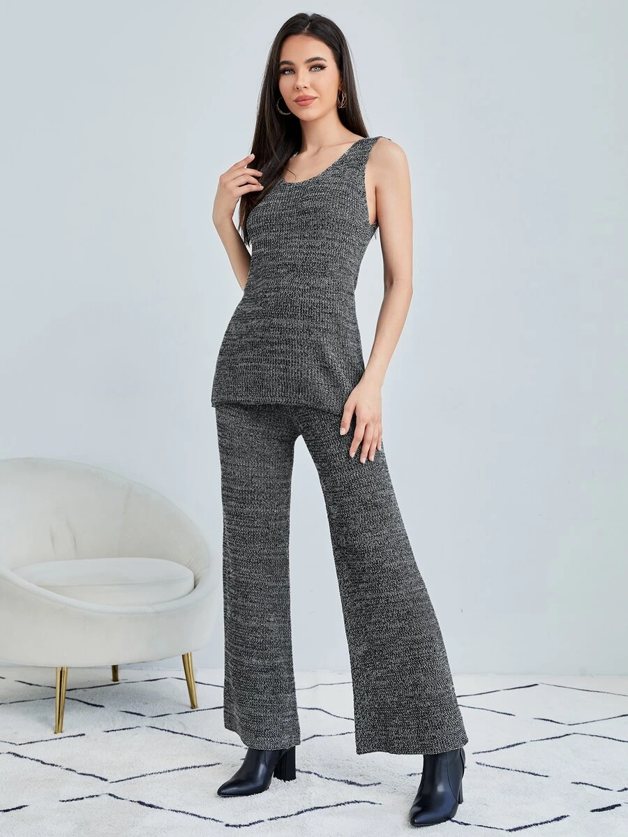 SHEIN Áo len nữ kết hợp Gân đan màu trơn Giải trí - Màu xám đen - Xem 1