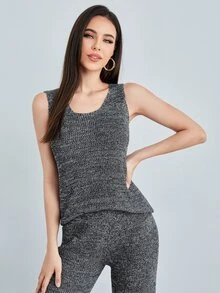 SHEIN Áo len nữ kết hợp Gân đan màu trơn Giải trí - Màu xám đen - Xem 4