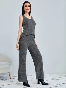 SHEIN Áo len nữ kết hợp Gân đan màu trơn Giải trí - Màu xám đen - Xem 5