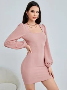 SHEIN Clasi Scoop Neck Lantern Sleeve Bodycon Dress - Baby Pink - View 1