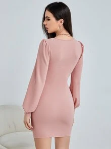 SHEIN Clasi Scoop Neck Lantern Sleeve Bodycon Dress - Baby Pink - View 2