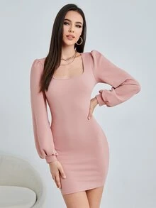 SHEIN Clasi Scoop Neck Lantern Sleeve Bodycon Dress - Baby Pink - View 3