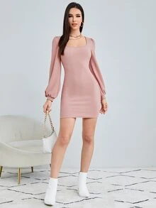 SHEIN Clasi Scoop Neck Lantern Sleeve Bodycon Dress - Baby Pink - View 5
