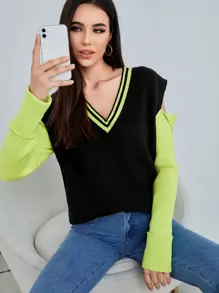 SHEIN Unity Striped Pattern Colorblock Cut-out Sweater - Multicolor - View 1