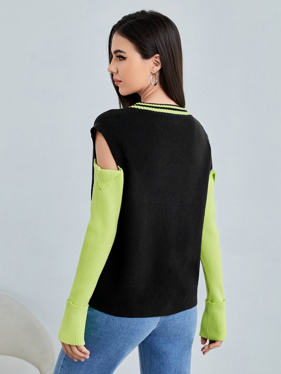 Striped Pattern Colorblock Cut-out Sweater