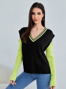 SHEIN Unity Striped Pattern Colorblock Cut-out Sweater - Multicolor - View 3