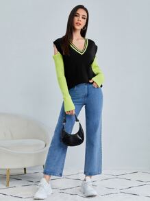 SHEIN Unity Striped Pattern Colorblock Cut-out Sweater - Multicolor - View 4