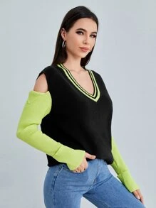 SHEIN Unity Striped Pattern Colorblock Cut-out Sweater - Multicolor - View 5