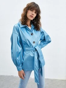SHEIN Drop Shoulder Belted Patent Jacket - Blue - View 1