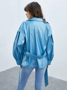 SHEIN Drop Shoulder Belted Patent Jacket - Blue - View 2