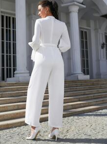 Modelyn 素色荷葉袖缺口V領腰帶連身褲 - 白色 - 查看 2