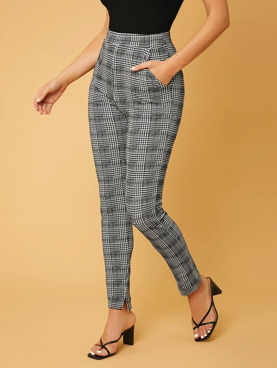 SHEIN Tall Plaid High Waist Slit Hem Pants - Multicolor - View 1