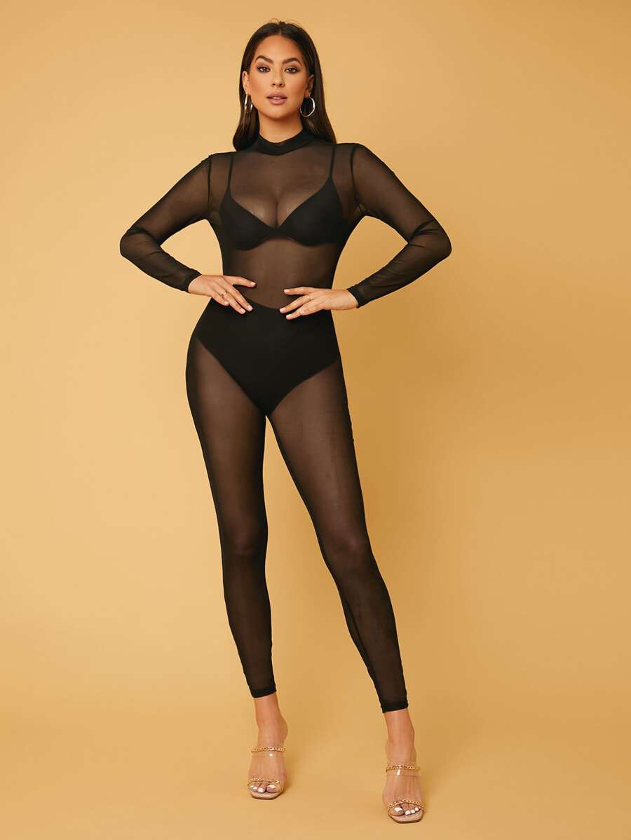 SHEIN Tall Sheer Backless Jumpsuit Without Underwear - Black - View 1