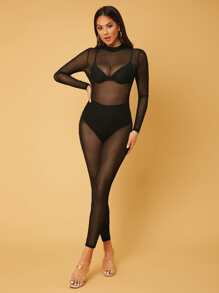 SHEIN Tall Sheer Backless Jumpsuit Without Underwear - Black - View 4