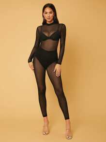 SHEIN Tall Sheer Backless Jumpsuit Without Underwear - Black - View 7