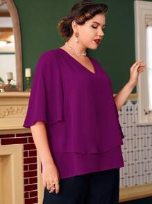 Modelyn Plus Butterfly Sleeve Overlay Blouse - Purple - View 3
