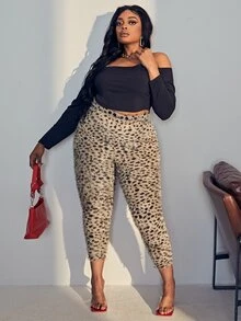 Plus Dalmatian Print Fuzzy Skinny Trousers - Multicolor - View 4