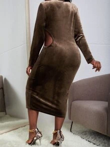 Slaydiva 大碼鏤空半拉鏈絲絨緊身洋裝