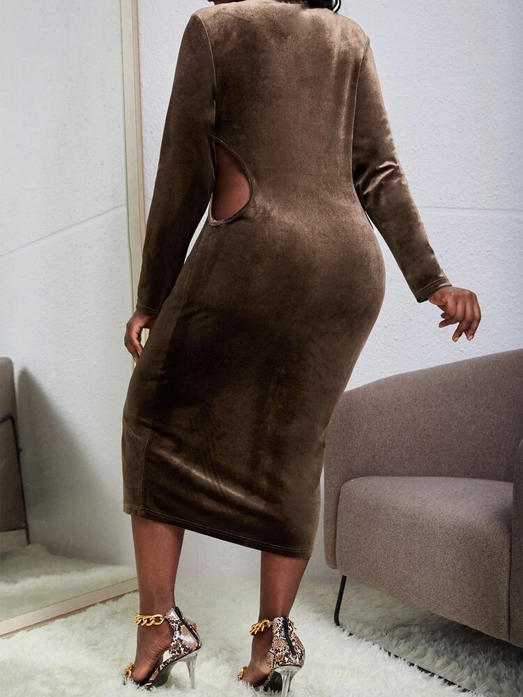 Plus Cut Out Half Zip Velvet Bodycon Dress