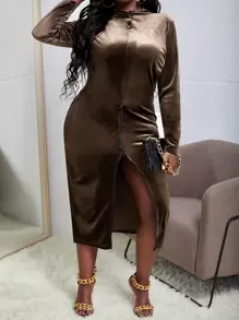 Slaydiva 大碼鏤空半拉鏈絲絨緊身洋裝