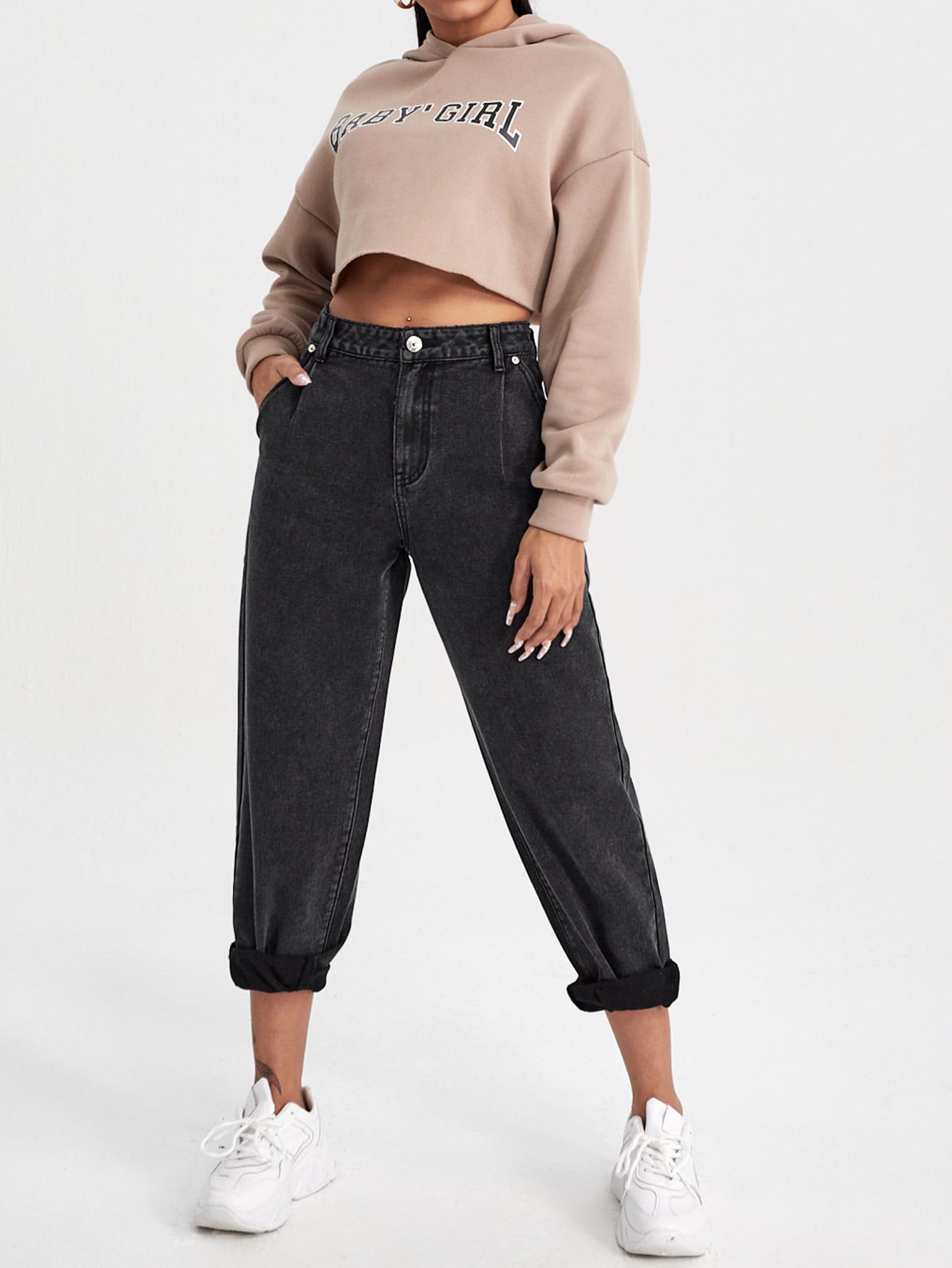 Zipper Fly Fold Pleated Tapered Jeans SHEIN