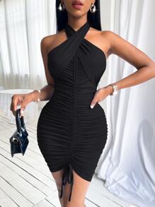 SHEIN SXY Vestido ajustado fruncido con cordón delantero de espalda abierta de cuello halter - Negro - Ver 3