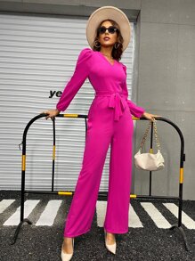 SHEIN Privé 泡泡袖腰帶連身褲 - 玫紅色 - 查看 4