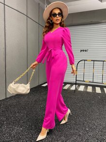 SHEIN Privé 泡泡袖腰帶連身褲 - 玫紅色 - 查看 6