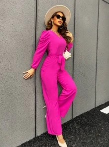 SHEIN Privé 泡泡袖腰帶連身褲 - 玫紅色 - 查看 7