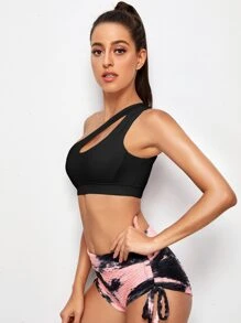 Easithlete Medium Support  One Shoulder Cut Out Sports Bra - Black - View 3