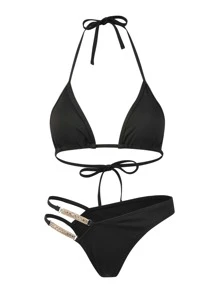 Bikini de cadena de costilla con tirantes para el cuello - Negro - Ver 3