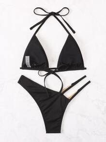 Bikini de cadena de costilla con tirantes para el cuello - Negro - Ver 2