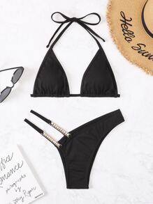 Bikini de cadena de costilla con tirantes para el cuello - Negro - Ver 4