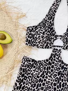 Swim Lushoire Summer Beach Leopard Pattern Ring Linked Cut-Out One Piece Swimsuit - Multicolor - View 3