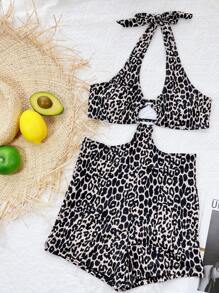 Swim Lushoire Summer Beach Leopard Pattern Ring Linked Cut-Out One Piece Swimsuit - Multicolor - View 4