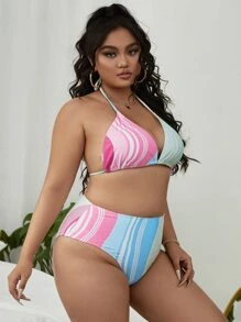 4packs Plus Size Fluid Pattern Triangle Tankini & Cover Up Top With Skirt Set Summer Beach - Multicolor - View 3
