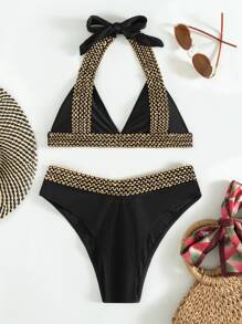 Stitch Detail Halter Triangle Bikini Set, For Summer Beach Vacation - Black - View 4