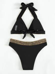 Stitch Detail Halter Triangle Bikini Set, For Summer Beach Vacation - Black - View 2