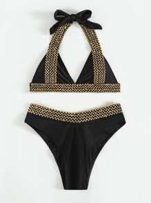 Stitch Detail Halter Triangle Bikini Set, For Summer Beach Vacation - Black - View 3
