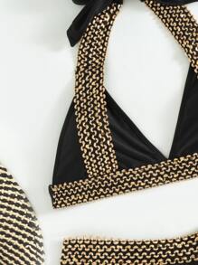 Stitch Detail Halter Triangle Bikini Set, For Summer Beach Vacation - Black - View 5