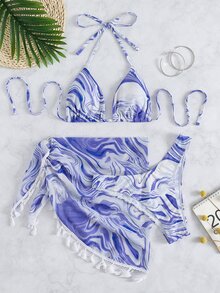 3 paquetes Bikini con patrón de ola y falda de playa con flecos, para vacaciones de verano - Azul y blanco - Ver 5