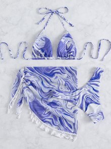 3 paquetes Bikini con patrón de ola y falda de playa con flecos, para vacaciones de verano - Azul y blanco - Ver 2