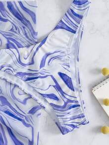 3 paquetes Bikini con patrón de ola y falda de playa con flecos, para vacaciones de verano - Azul y blanco - Ver 4