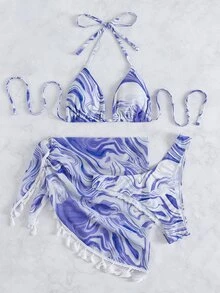 3 paquetes Bikini con patrón de ola y falda de playa con flecos, para vacaciones de verano - Azul y blanco - Ver 3