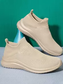 男士針織透氣競技賽跑運動鞋細節一腳蹬跑鞋