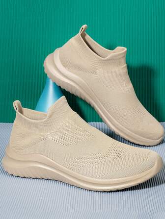 男士針織透氣競技賽跑運動鞋細節一腳蹬跑鞋