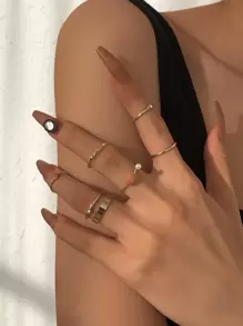 7入組水鑽和愛心裝飾戒指 - 金黃色 - 查看 1