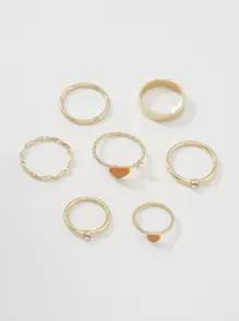 7入組水鑽和愛心裝飾戒指 - 金黃色 - 查看 2