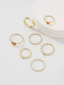 7入組水鑽和愛心裝飾戒指 - 金黃色 - 查看 3